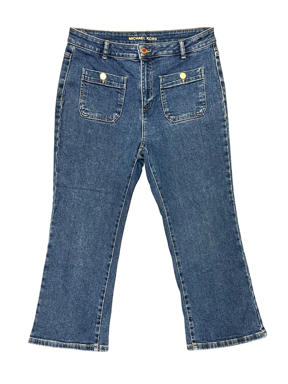 Michael Kors Dark Wash Flare Jeans Gold Button Front Pockets Women’s Size 10